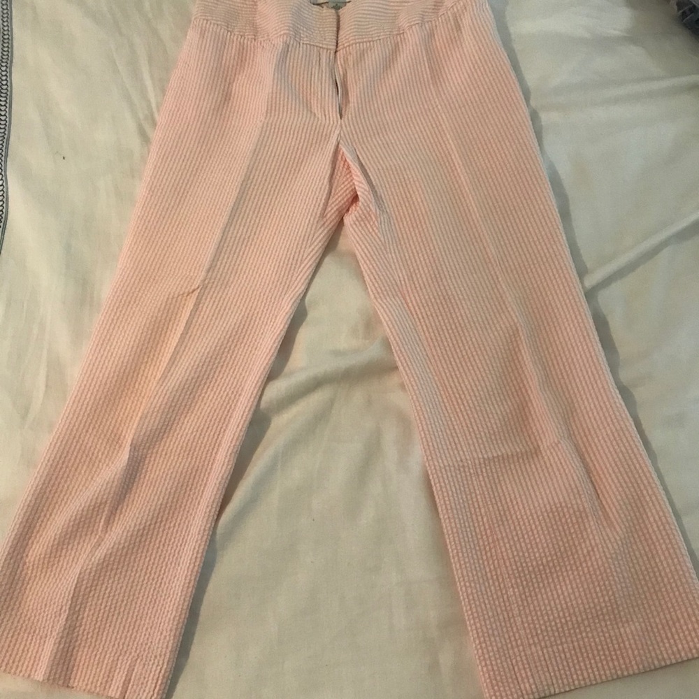 Pink and white seersucker capris
